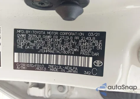 2021 Toyota Corolla Le из США, поврежденный, VIN JTDHPMAE1MJ180914